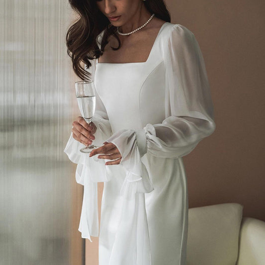 Square Collar Stitching Mesh Micro Transparent Dresses