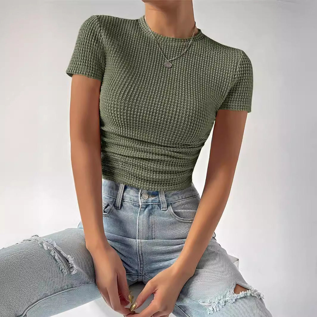Slim Fit Versatile Pleating Round Neck Blouses