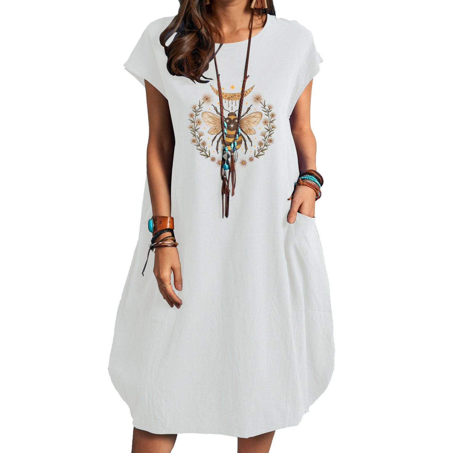 Women's Summer Fashion Bee Little Daisy Printed Large Cotton Linen Pocket Dress