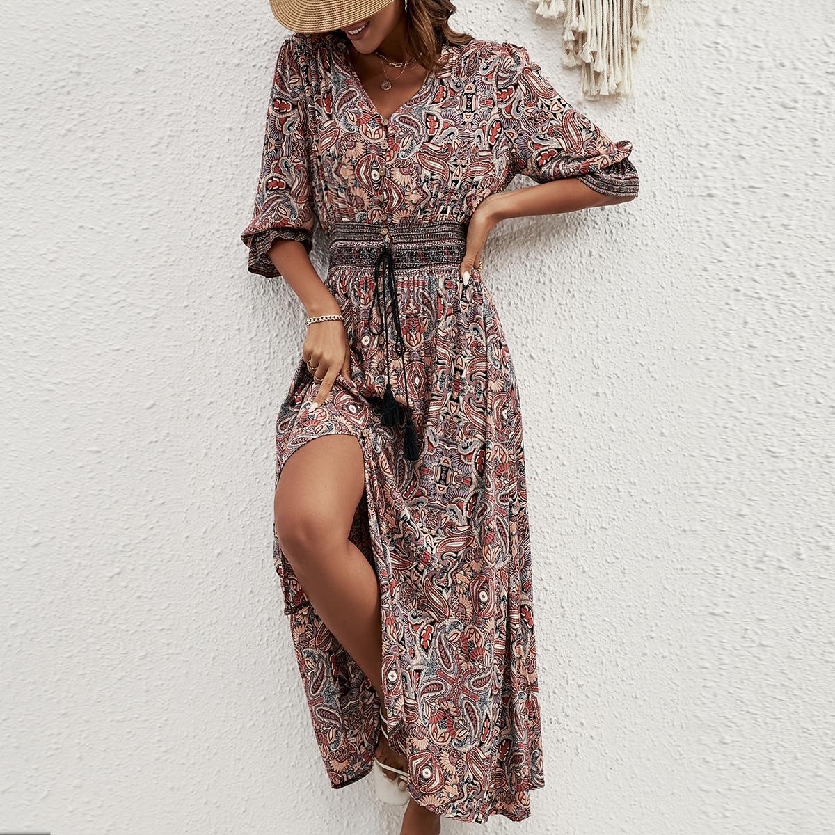 Women's Rayon Positioning Printed Sleeves Waist Bohemian Holiday Breasted Dress