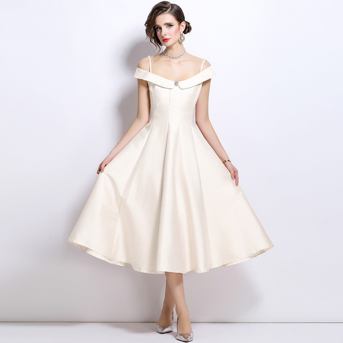 Women's Temperament Gold White Slip Dress High Sense Princess Dresses