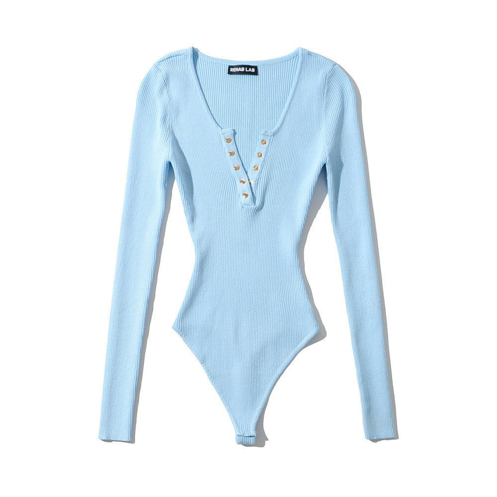 Women's Hot Sexy Button Knitted Long Sleeve Jumpsuits