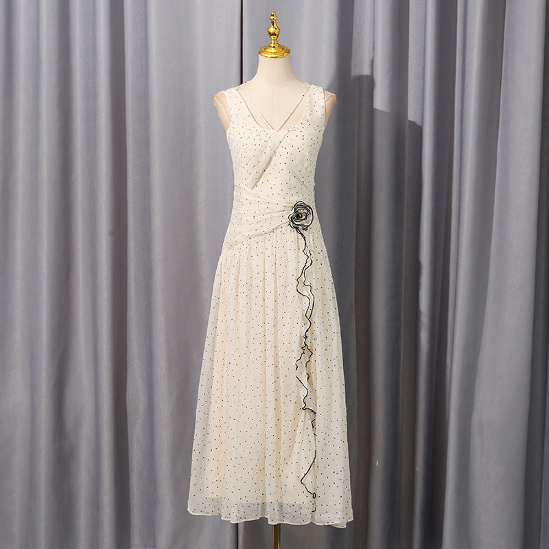 Women's French Retro Milk Apricot Round Neck Sleeveless Dresses