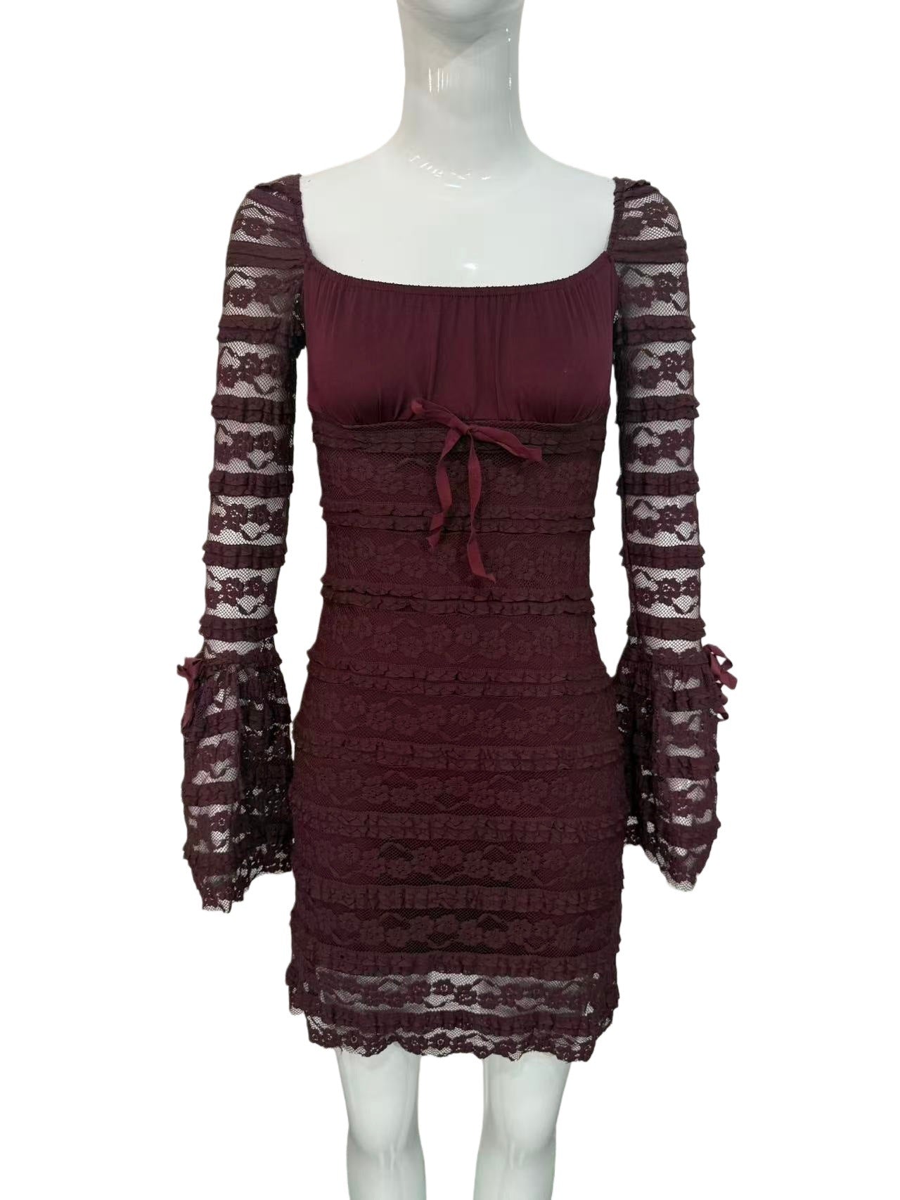 Women's Autumn Sexy Low-cut Pleated Bell Sleeve Dress