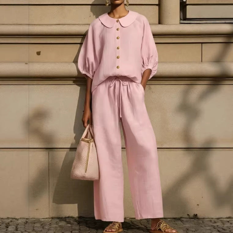 Women's Cotton Linen Lantern Sleeve Shirt Drawstring Fashion Casual Suit