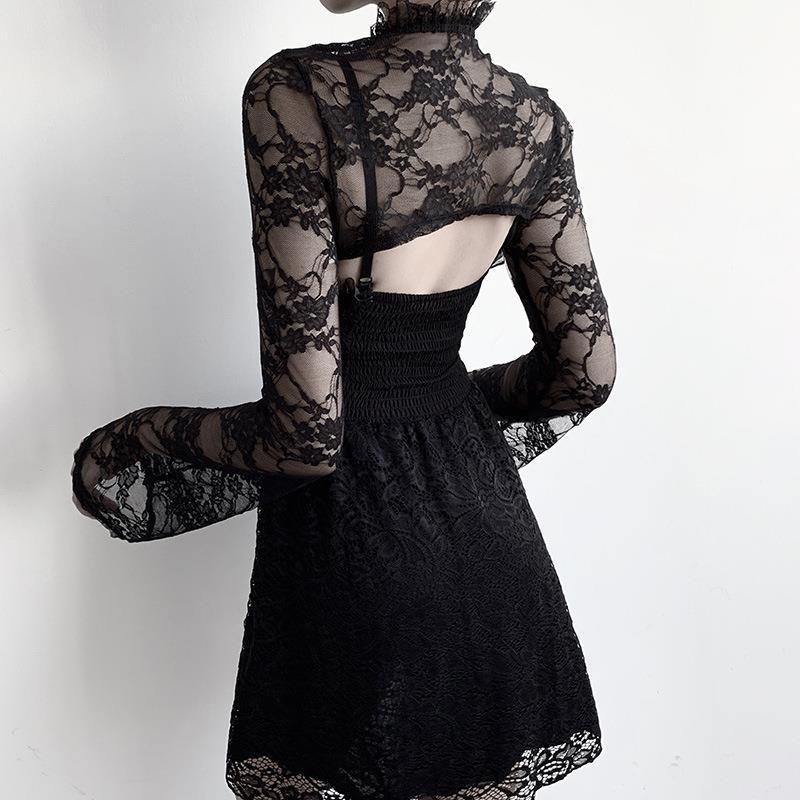 Bell Sleeve Black Stand-up Collar V Blouses