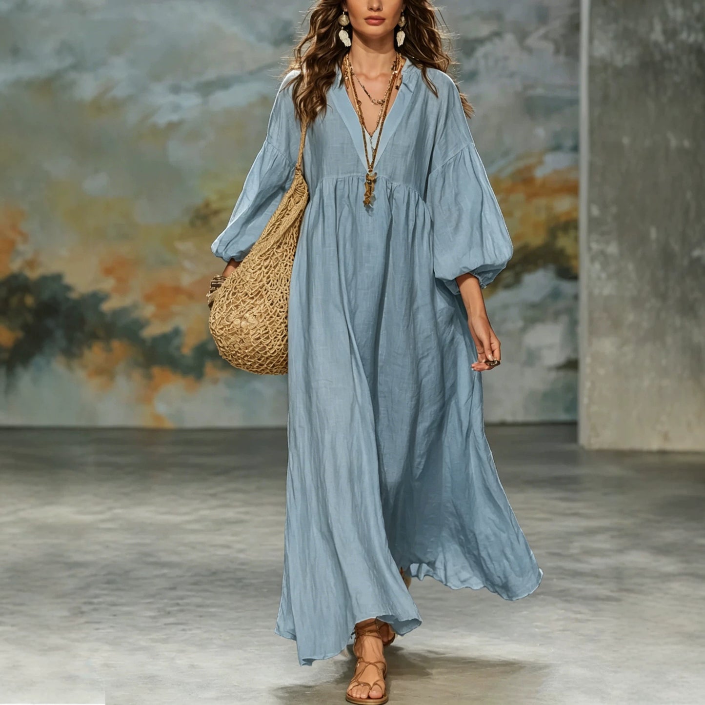Women's Cotton Linen Deep V Lantern Sleeve Dress