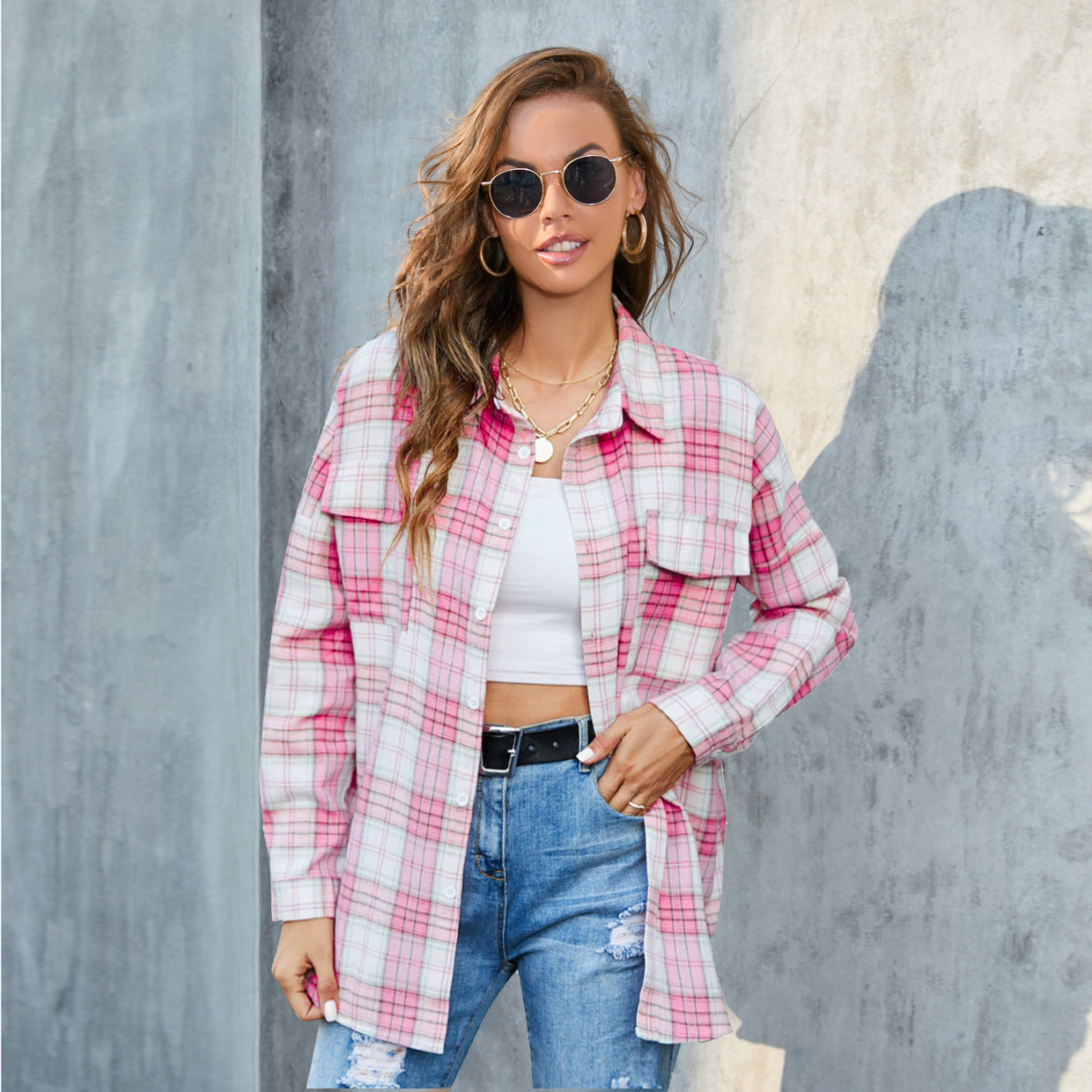 Women's Large Long-sleeved Plaid Button Shirt With Blouses