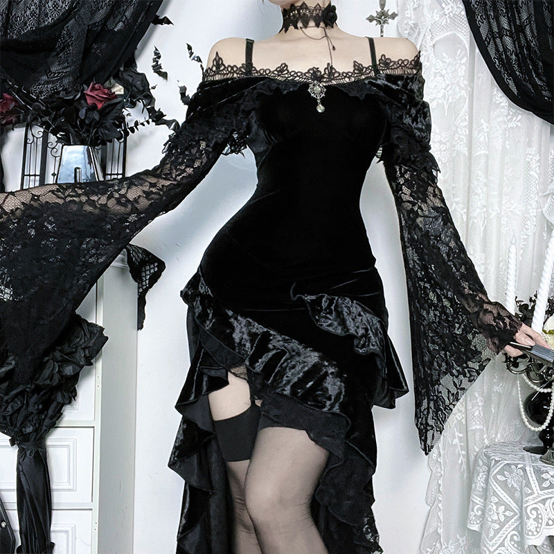 Women's Straps Lace Stitching Sexy Split Dark Goth Dresses