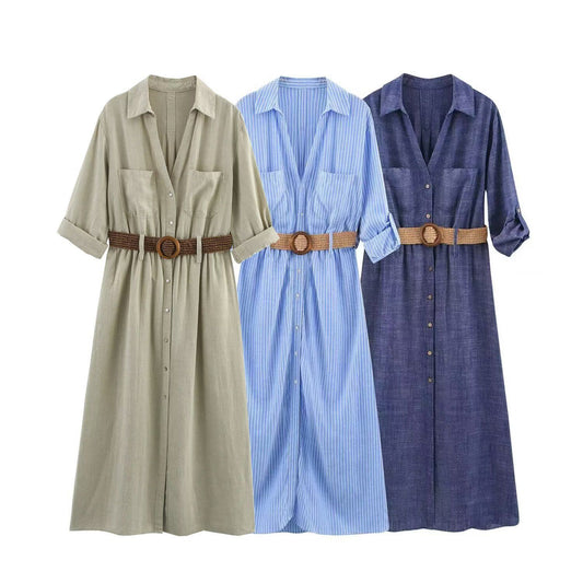 Women's Belt Linen Blend Shirt Dress Dresses