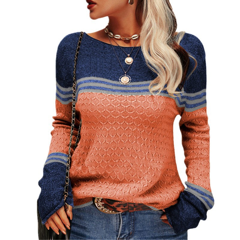 Women's Temperament Commute Long Sleeve Knitted Striped Crew Sweater