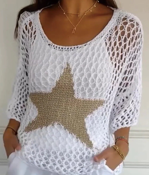 Women's Round Neck Commuter Elegant Cropped Sleeves For Air Conditioned Women's Sweater