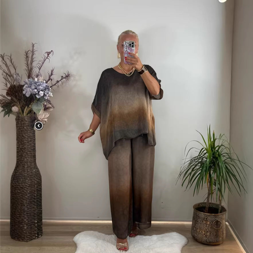 Print Round Neck Loose Wide Leg Suits