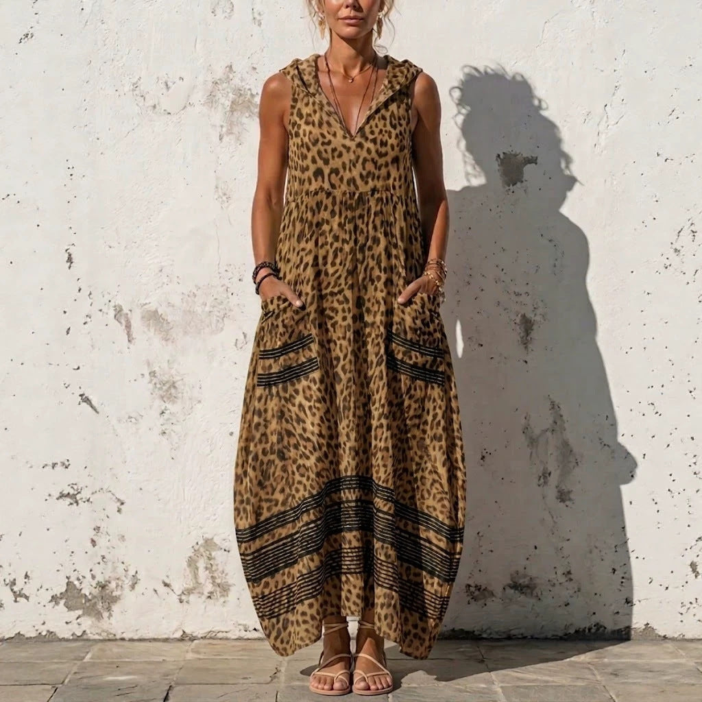 Women's Summer Sleeveless Hooded Leopard Print Pocket Vacation Style Dress