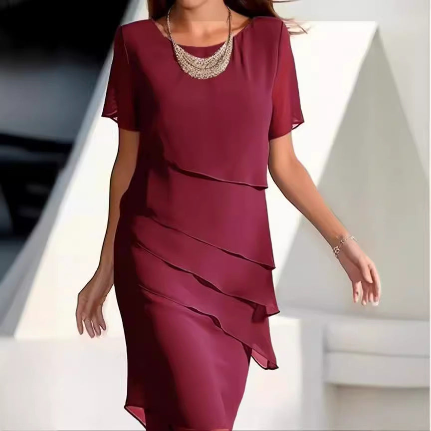 Women's Solid Color Sleeve Glitter Ruffles Crew Neck Dress