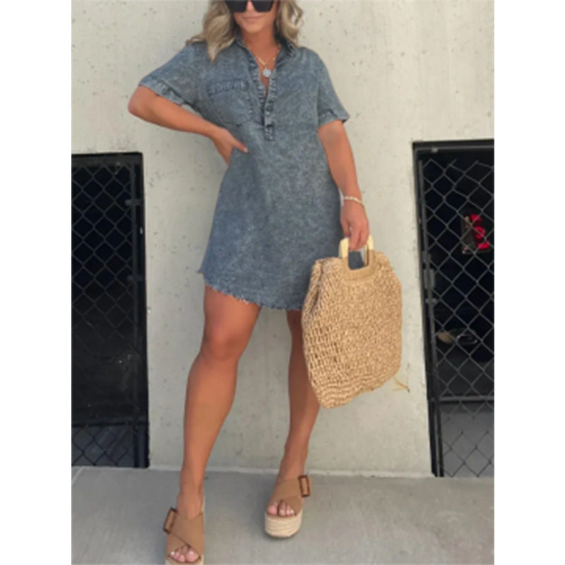 Summer Shirt Collar Denim Tassel Hem Dresses