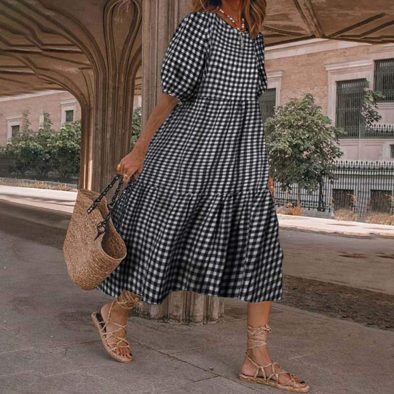 Women's Mid-length Casual Long Sleeve Plaid Frill Loose Dresses