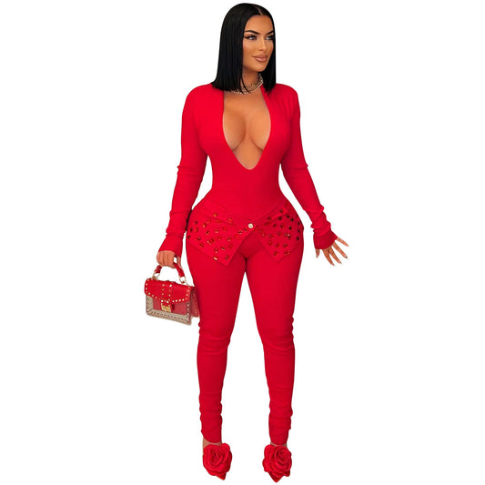 Women's Rhinestone Slim Fit Pencil Solid Color Jumpsuits