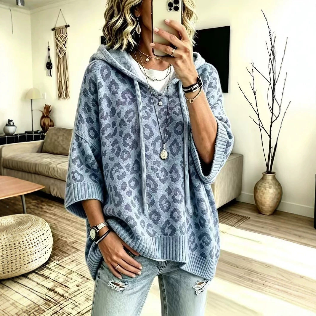 Leopard Print Hooded Drawstring Knitted Pullover Hoodie Sweater