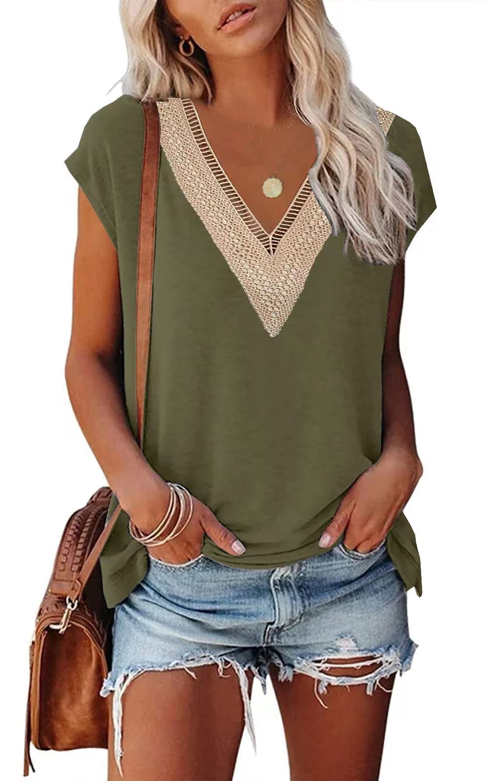 Women's Gold Lace Tile Sleeve Solid Color Blouses