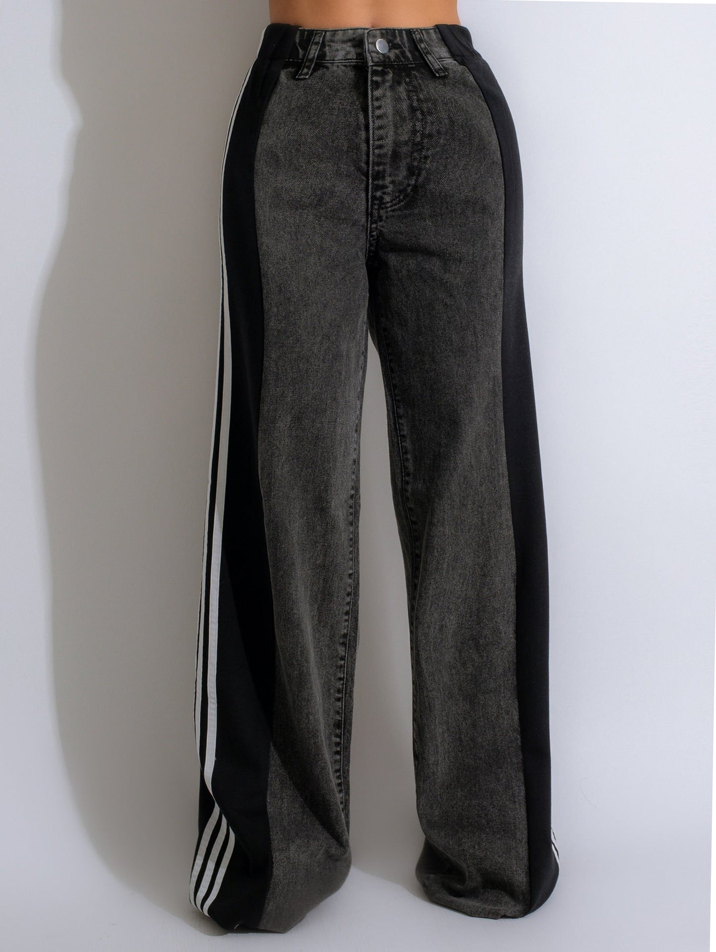 Women's Striped Wide Leg Denim Trousers Casual Jeans