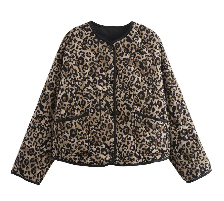 Women's Leopard Print Round Neck Cotton Jackets