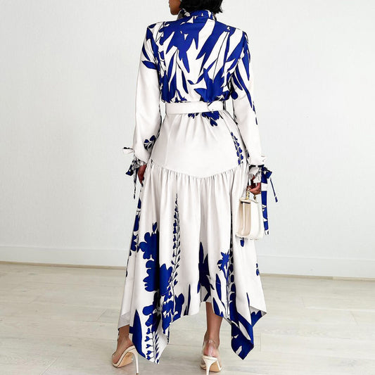 Women's Temperament Printed Irregular Lapel Dress Dresses