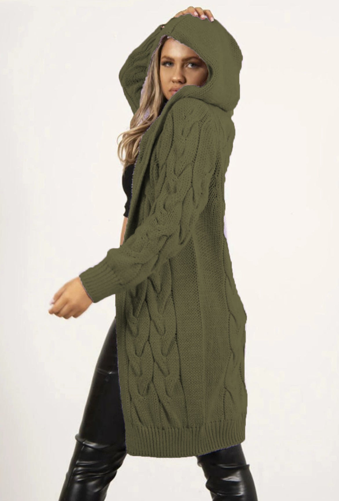 Women's Twist Braid Idle Style Hooded Mid-length Women's Sweater