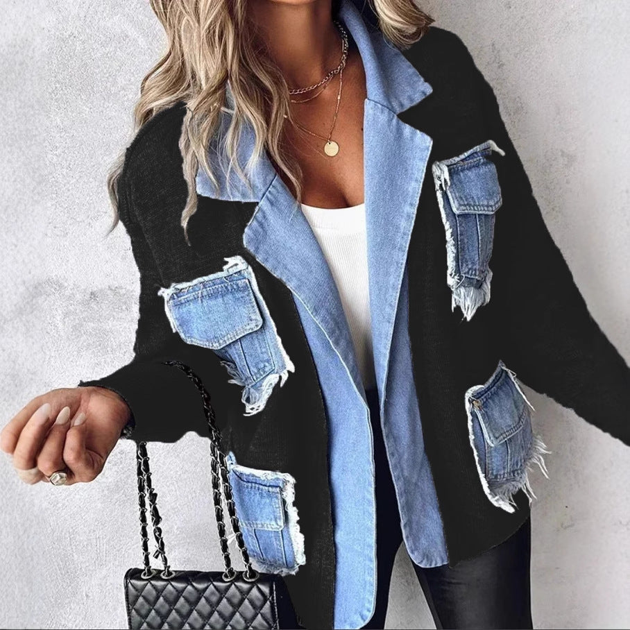 Women's Comfortable Creative Russian Denim Stitching Knitwear