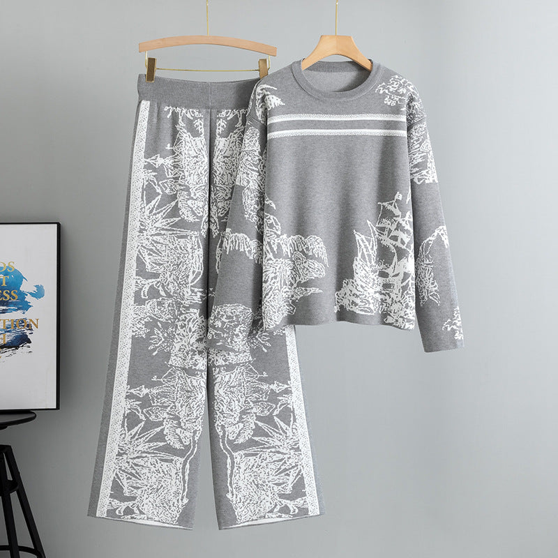 Women's Casual Ink Painting Jacquard Printed Knitted Suits
