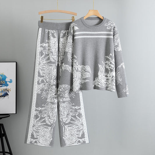 Women's Casual Ink Painting Jacquard Printed Knitted Suits