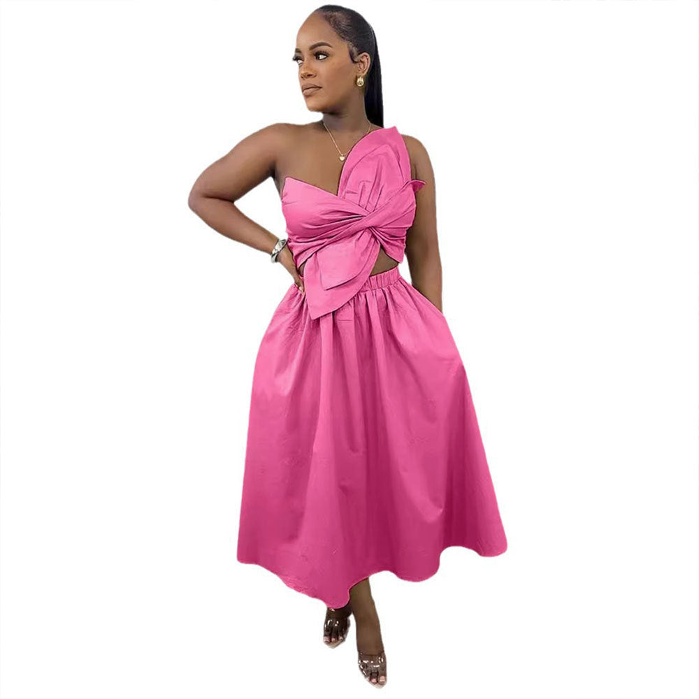 Solid Color Smocking One Shoulder Petal Dresses