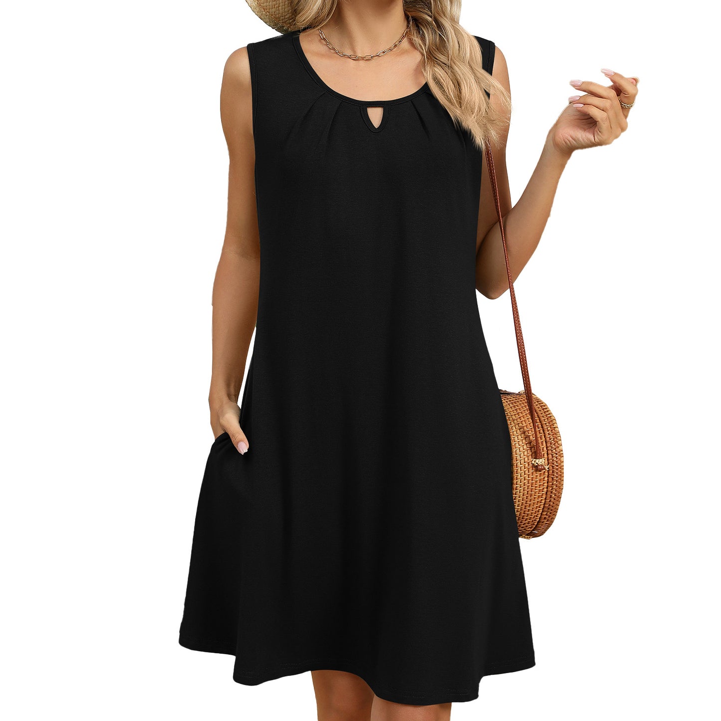 Solid Color Round Neck Hollow Pleated Sleeveless Dress