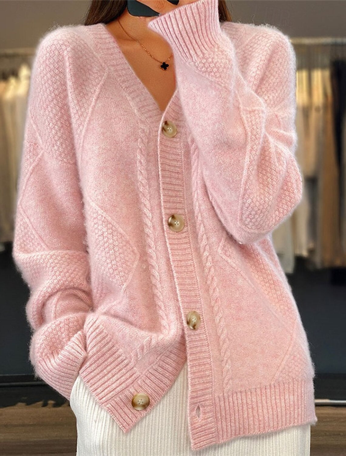 Women's Color Long Sleeve Knitted Breasted Jacquard Sweaters