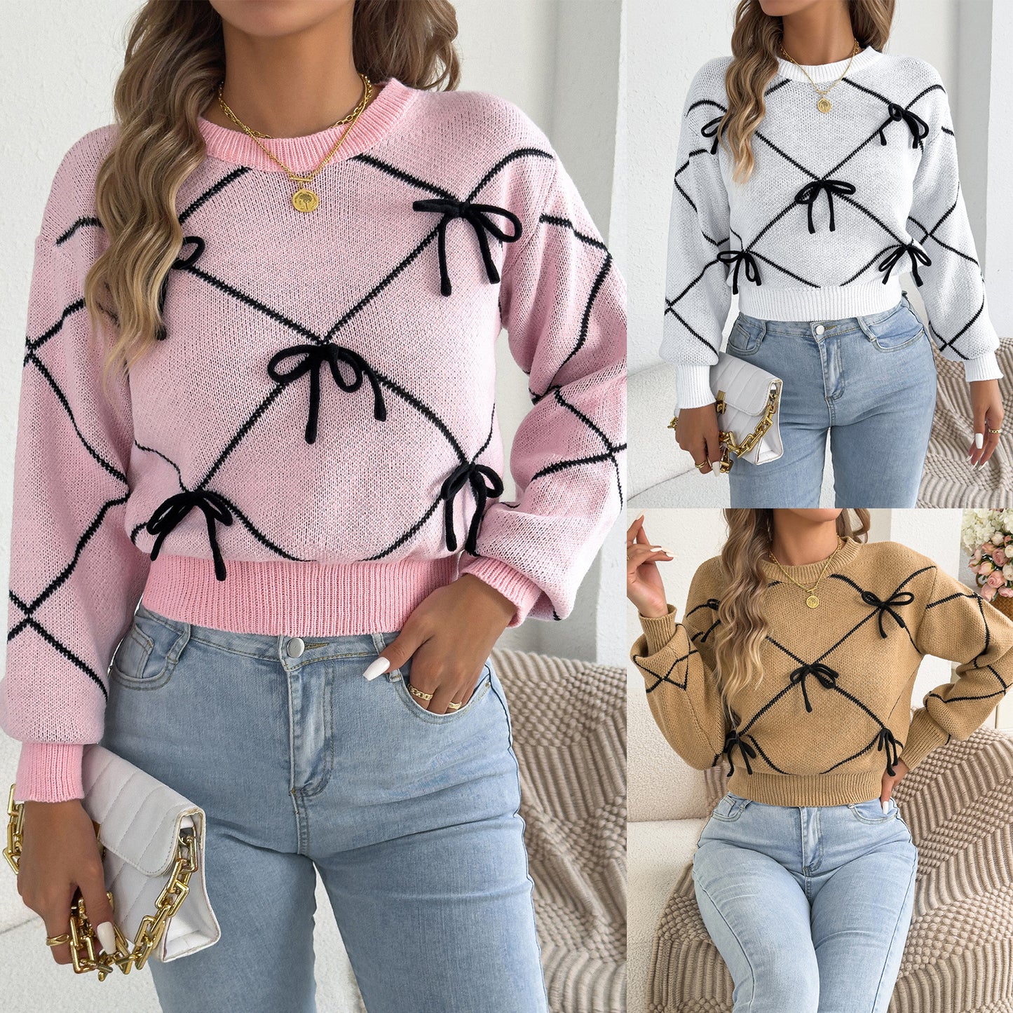 Women's Fashion Color Contrast Bow Waist Lantern Clothing