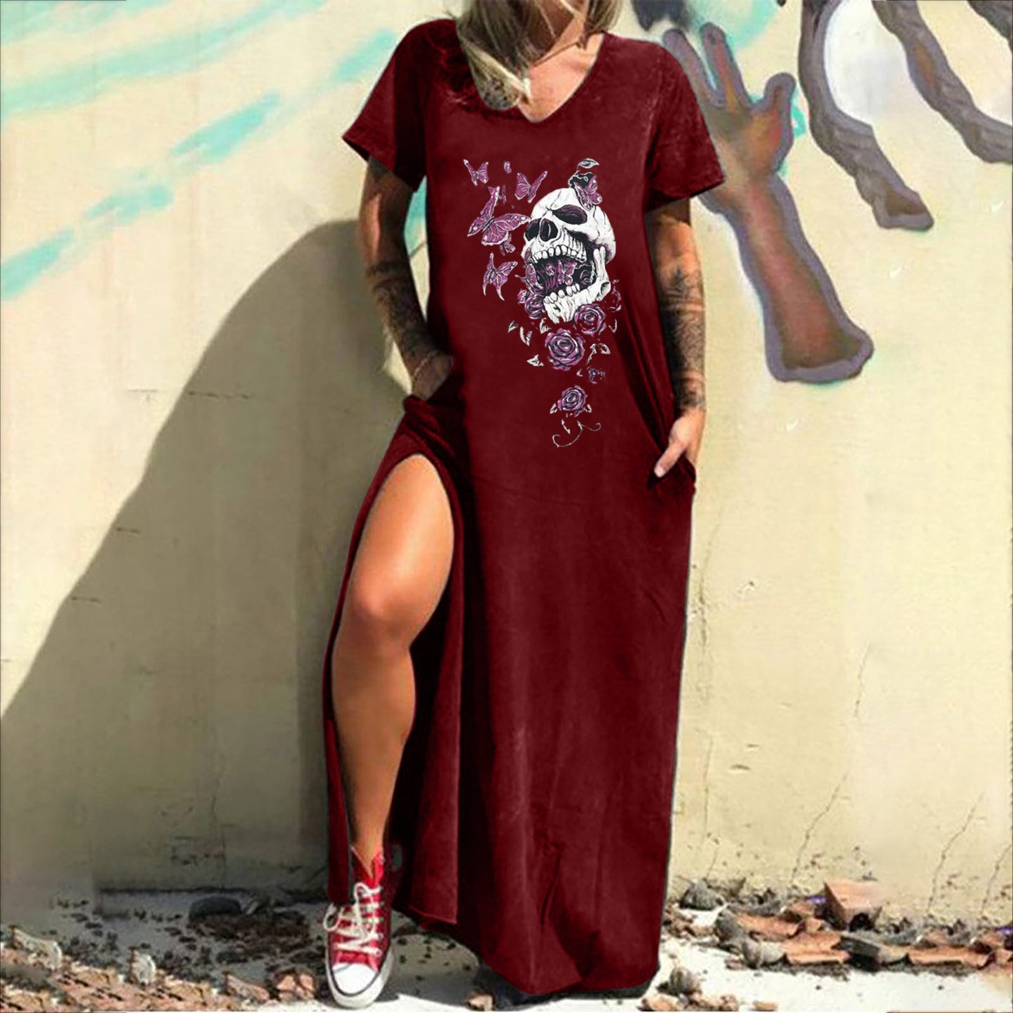 Skull Print Street Fashion Sleeve Slit Shorts