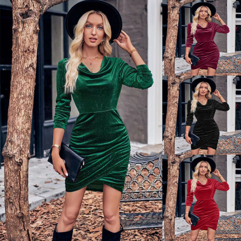 Women's Fashion Wear Casual Solid Color Swing Collar Long Sleeve Sexy Dress