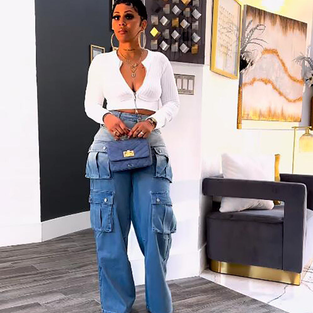 Women's Fashion High Waist Gradient Color Wide Jeans