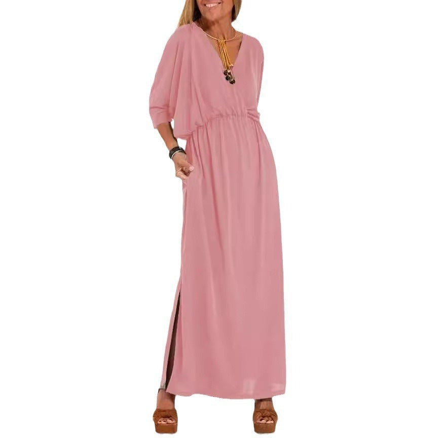 Women's Fashion Solid Color High Waist Slit Dress