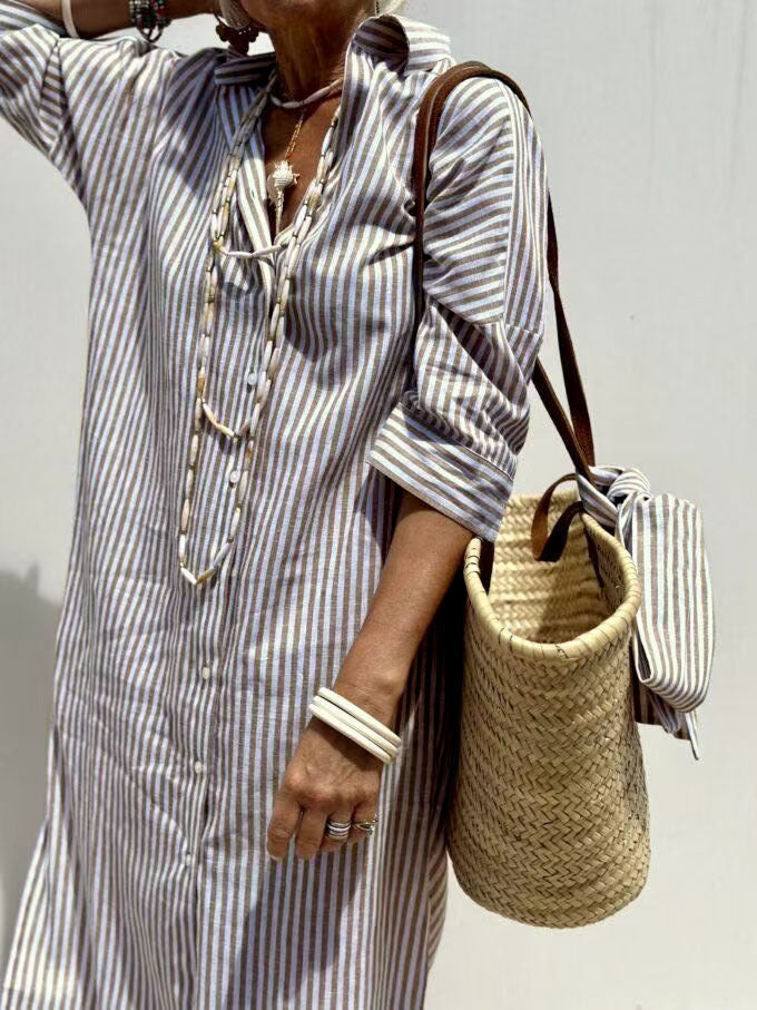 Women's Half Sleeve Striped Lapel Shirt Dress