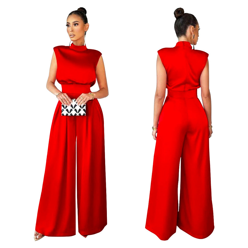 Women's Fashionable Wide Leg Solid Color Turtleneck Jumpsuits