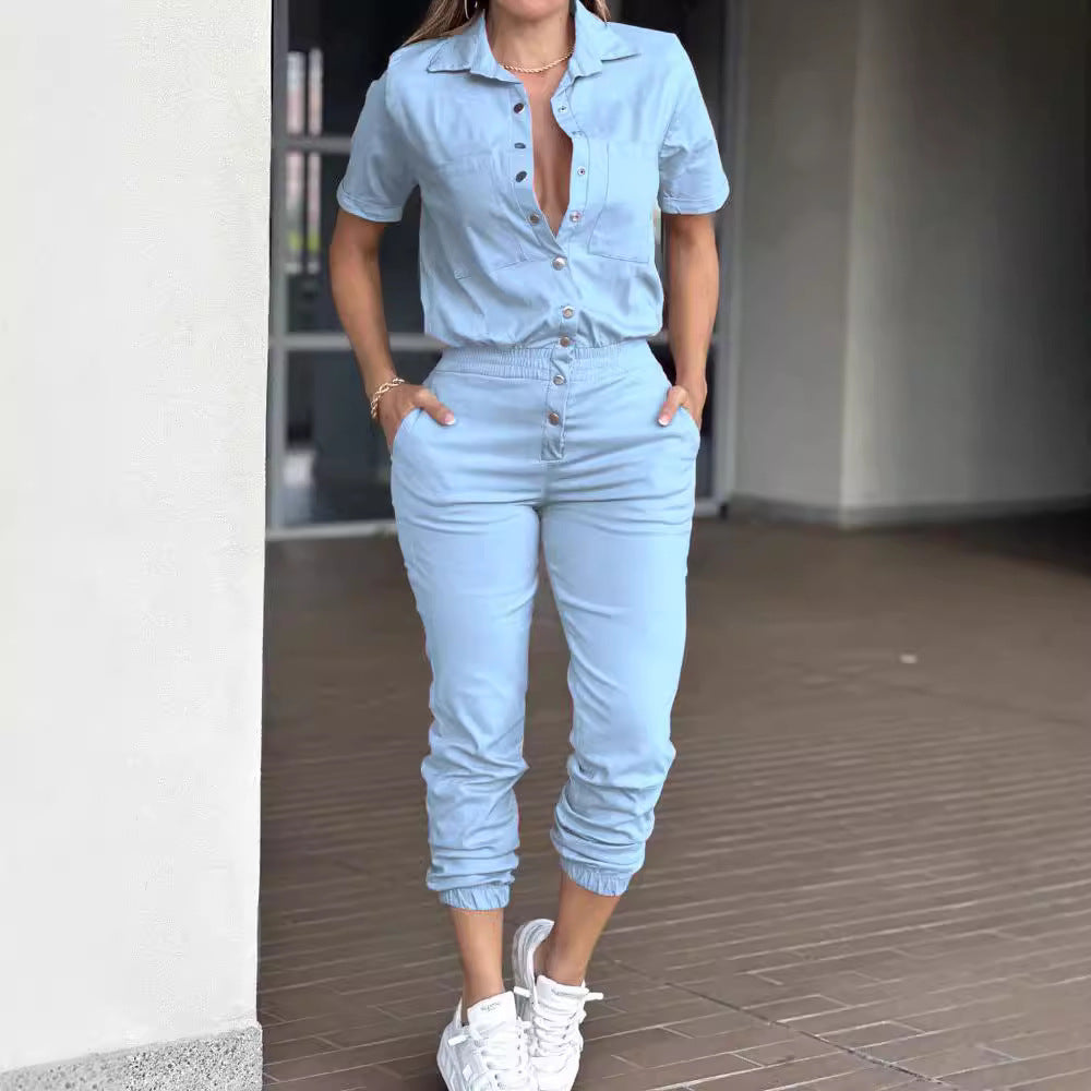 Women's Casual Fashion Lapel Pocket Waist Elastic Jumpsuits