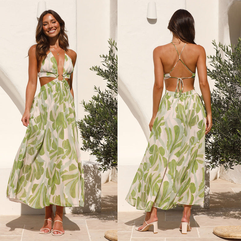Women's Summer Backless Lace Printing Swing Long Dresses