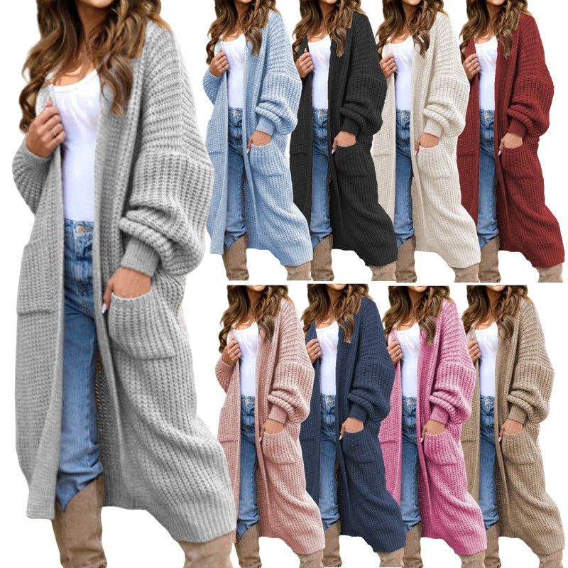 Large Long Style Pocket Loose Solid Women's Sweater
