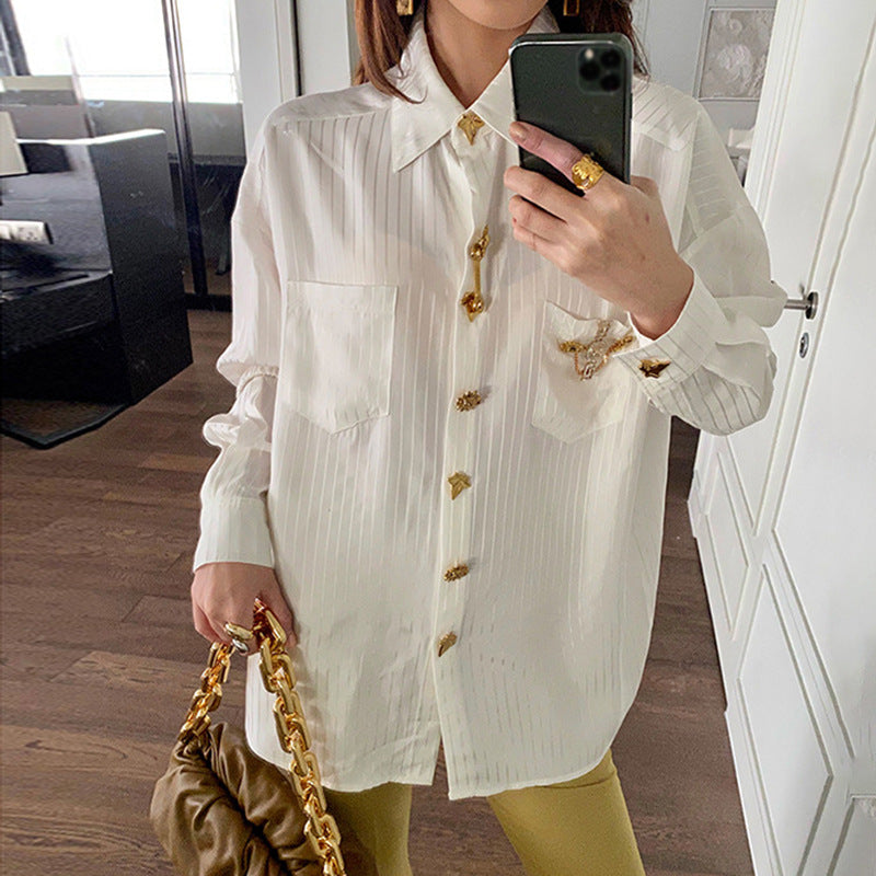 Women's Retro Summer Striped Metal Buckle Lapel Blouses