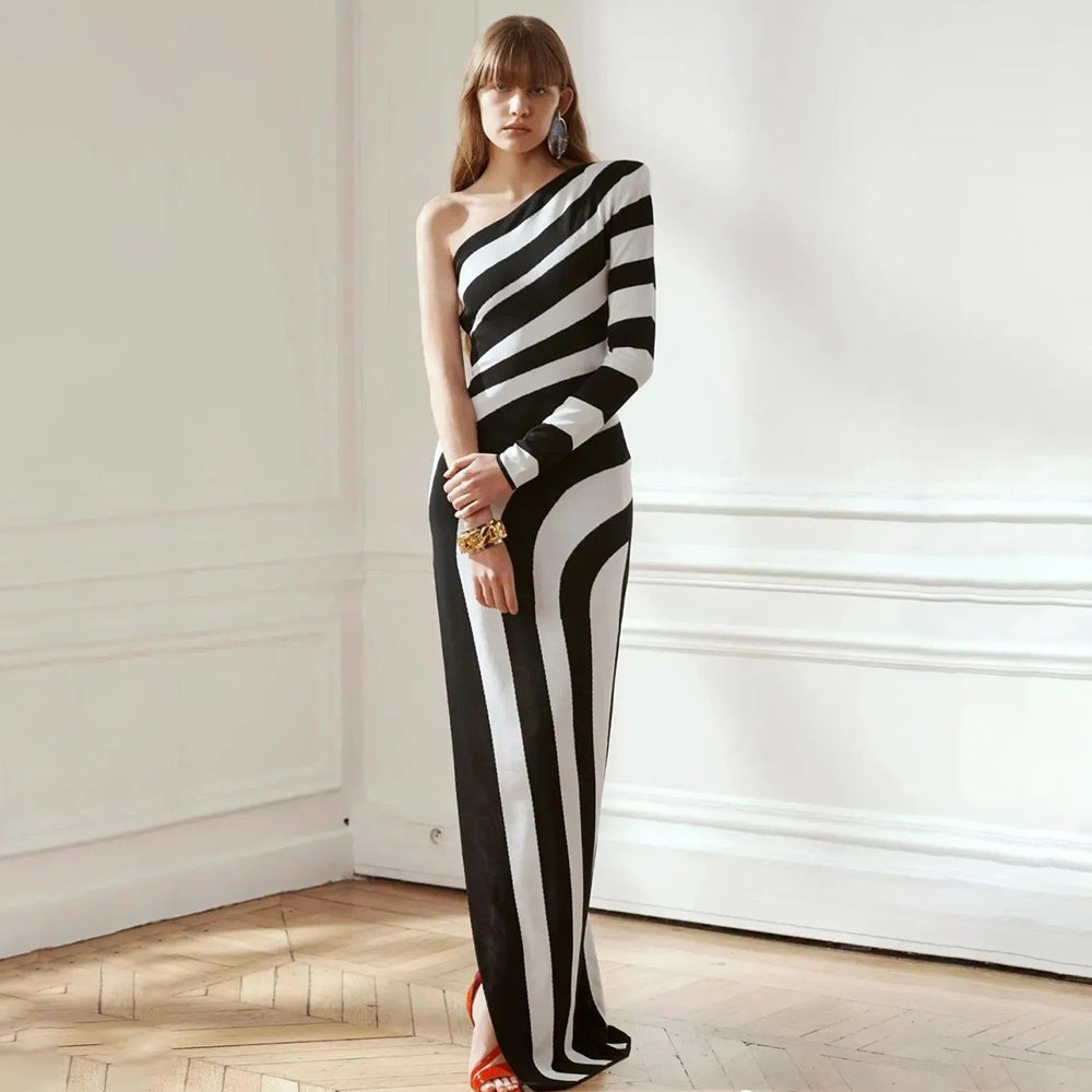 White Striped Sexy High Slit Dress Dresses