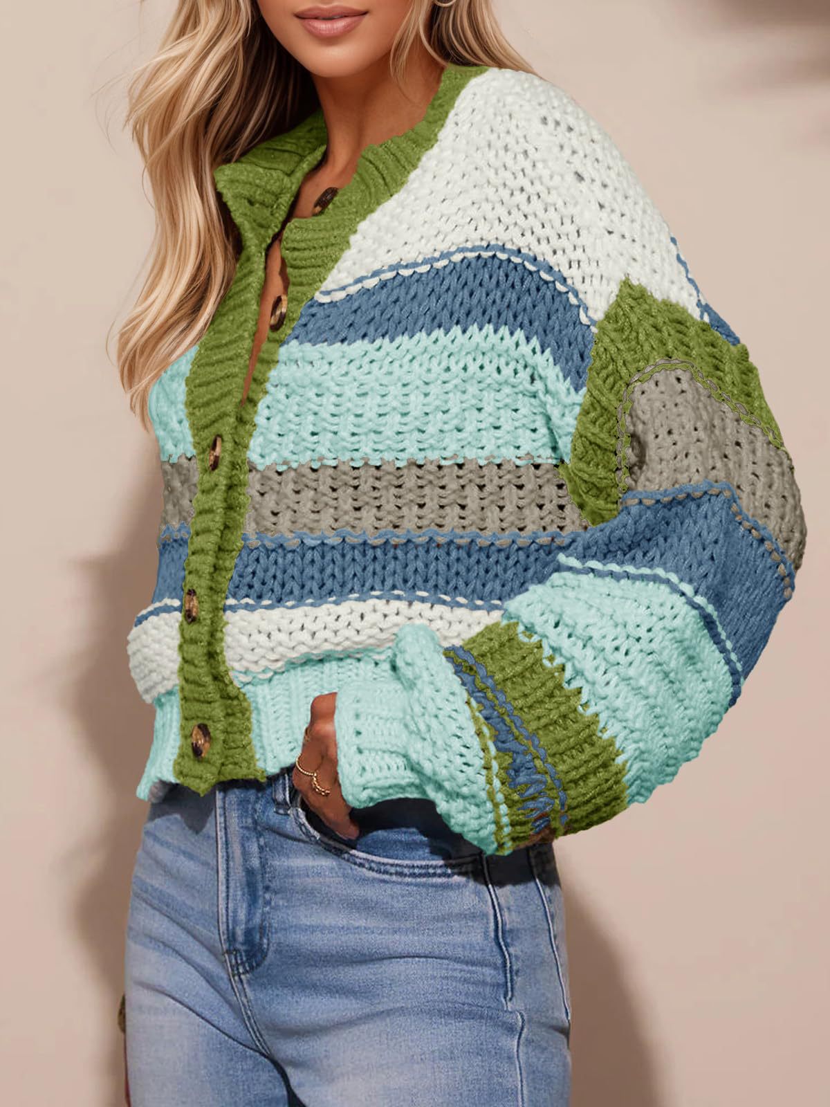 Women's Striped Thick Needle Button Color Block Stitching Sweaters