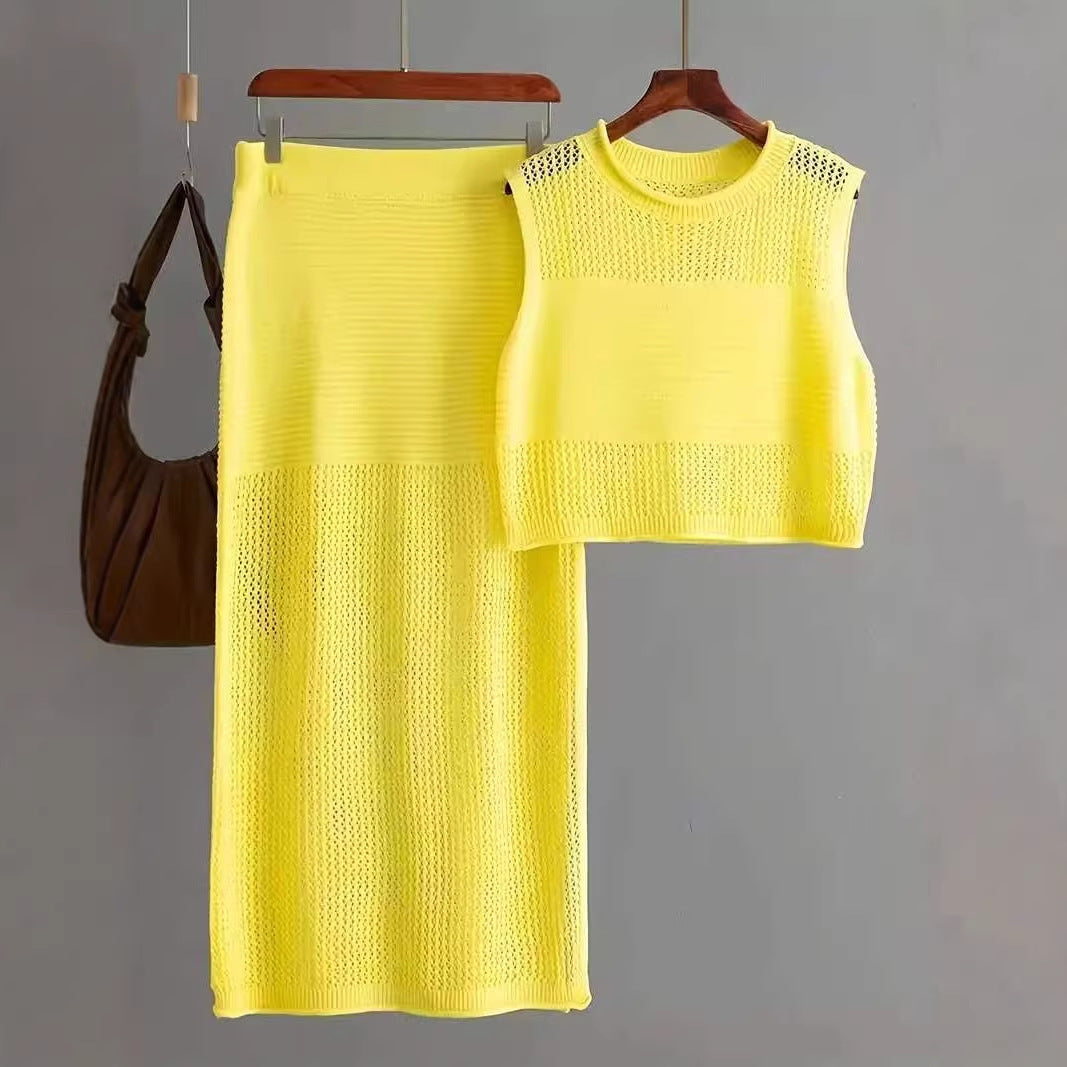 Hollow Sleeveless Summer Knitted Slit Two-piece Sweater