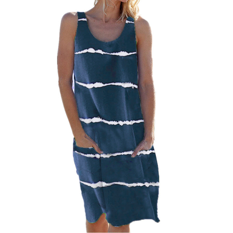 Women's Summer Round Neck Printed Striped Pocket Dress