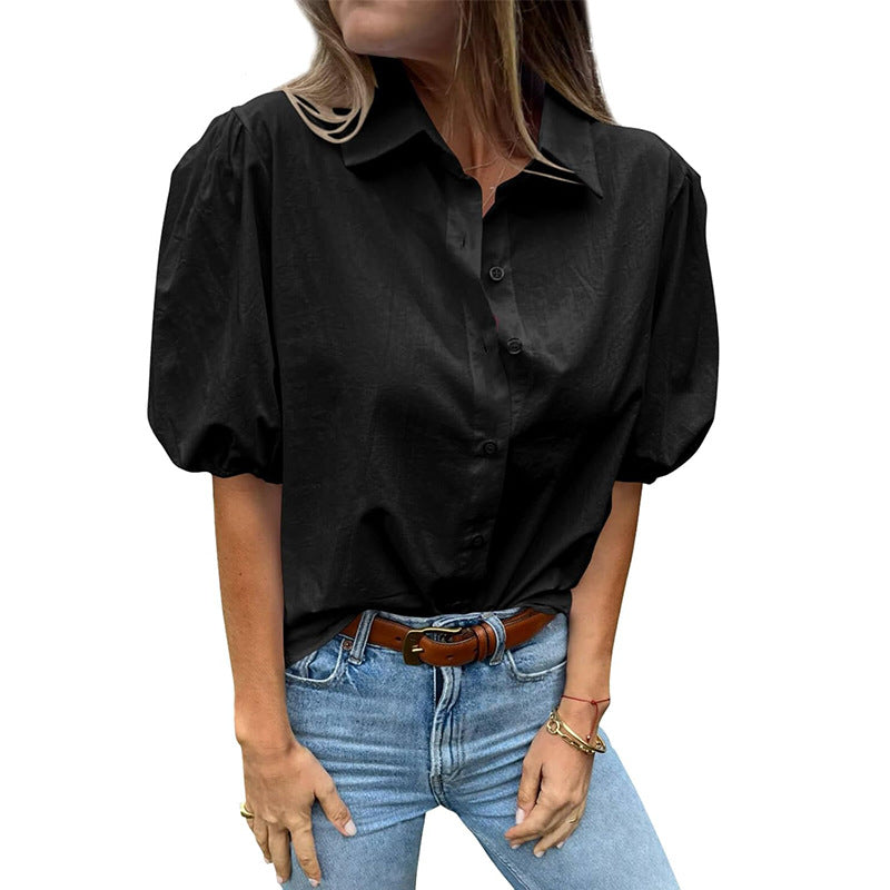 Women's Summer Puff Sleeve Solid Color Buttons Blouses